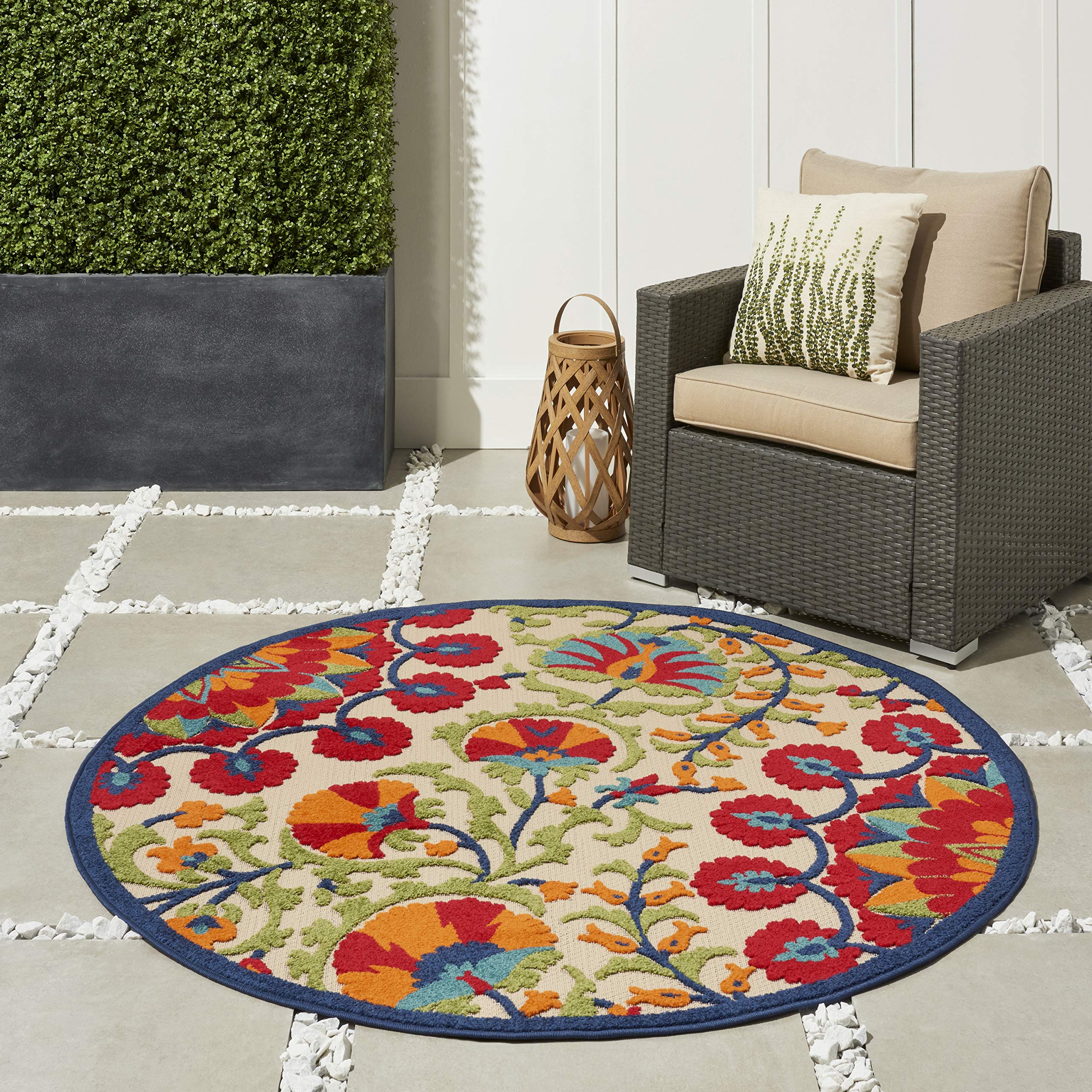 Nourison Aloha Indoor/Outdoor Red/Multi 4' x Round Area Rug, Easy Cleaning, Non Shedding, Bed Room, Living Room, Dining Room, Deck, Backyard, Patio (4 Round) Image