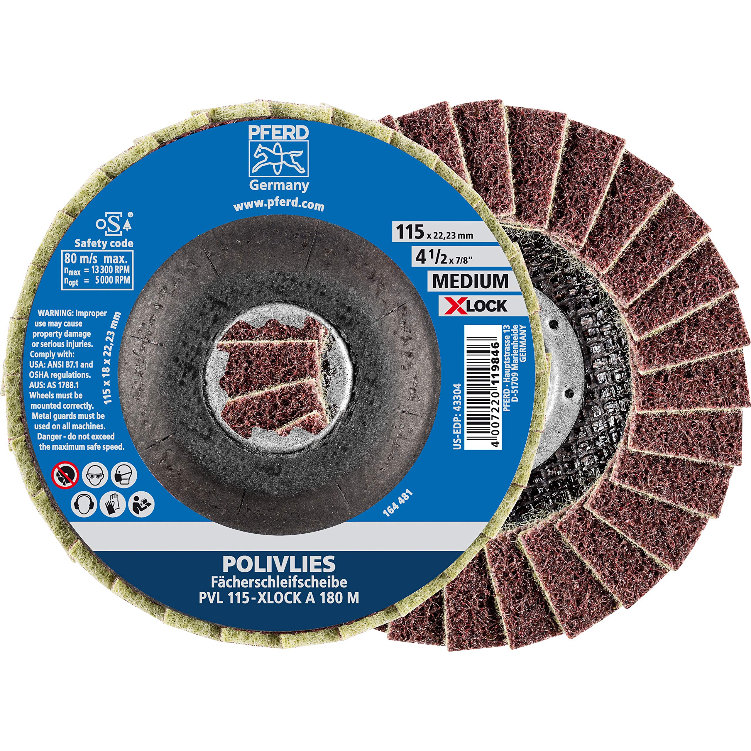 PFERD POLIVLIVLIES 44694202 Fan Disc, Pack of 5, 115 mm, A180, Medium, X-Lock (22.23 mm), for Quick and Comfortable Tool Change