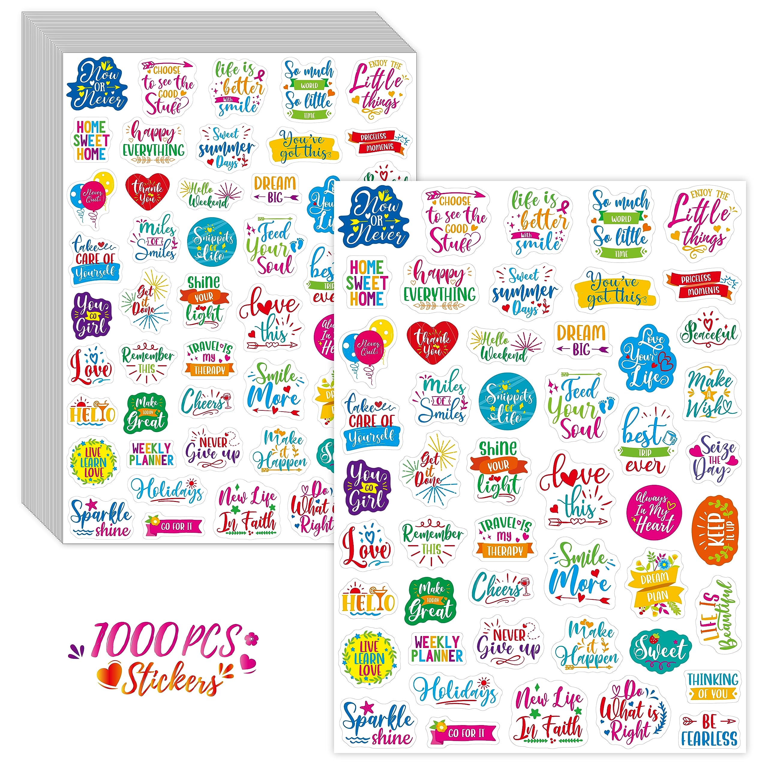 1000 PCS Inspirational Words Sticker, 20 Sheets Clear Water/Oil/Tear Resistant Labels- Remove with No Residue Left, Colorful Encouraging Scripture Decals for Bottles Computer Planner Scrapbooks Album