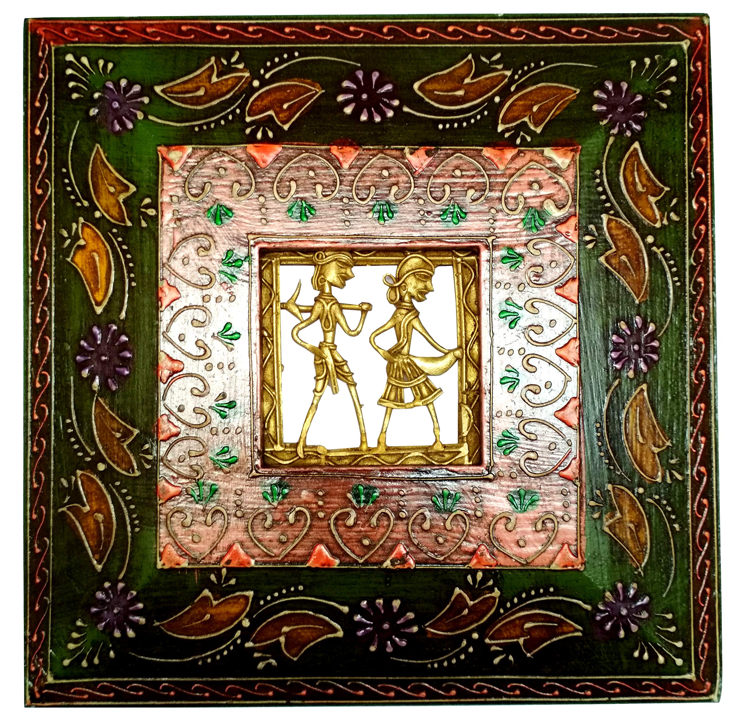 Purpledip Brass Wall Hanging 'Always Together': Dokra Craft Tribal Art Plaque in Hand-painted Wooden Frame (11656)