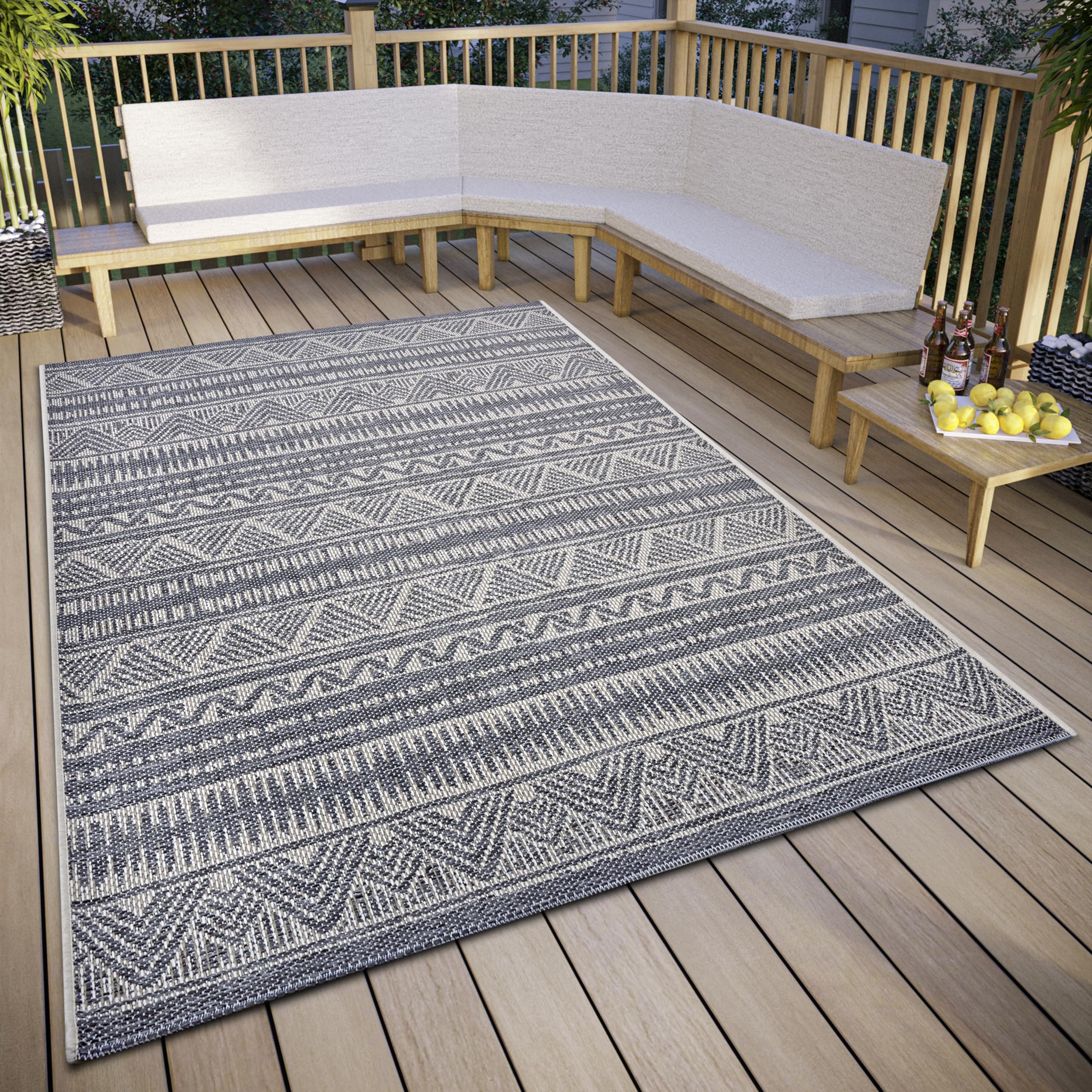 Hanse Home Loto Outdoor Rug Weatherproof - Modern Boho Ethnic Pattern Waterproof, Robust Outdoor Rug Flat Weave for Garden, Balcony, Patio, Living Room - Beige, 63 x 120 cm