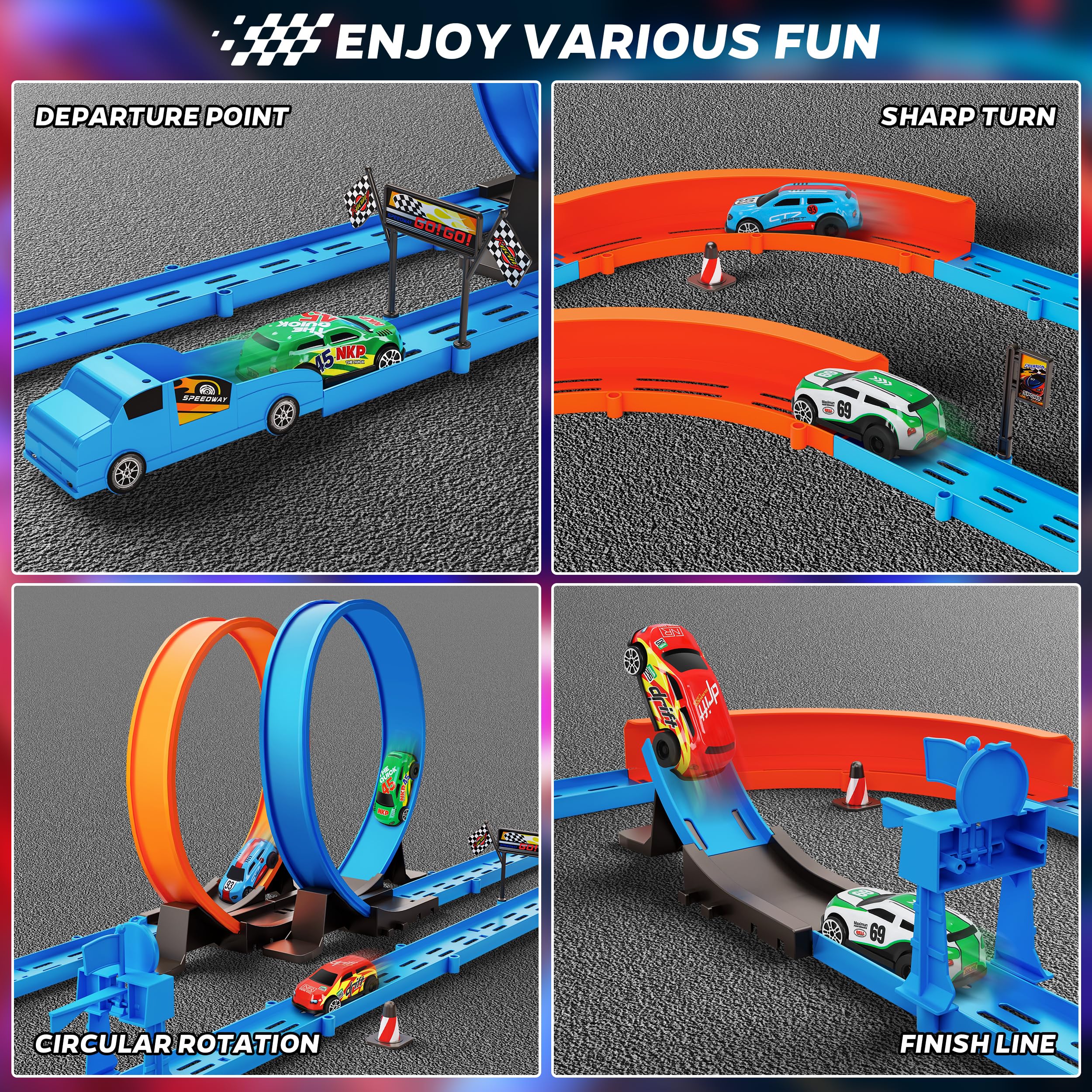 ‌Slot Car Race Track Sets with 360° Thrill Loops & 4 High-Speed Cars, 64 Pcs Large Flexible Racing Track for Kids Ages 3-5 4-8 8-12, Race Car Toys Gift for Boys Girls Birthday Christmas