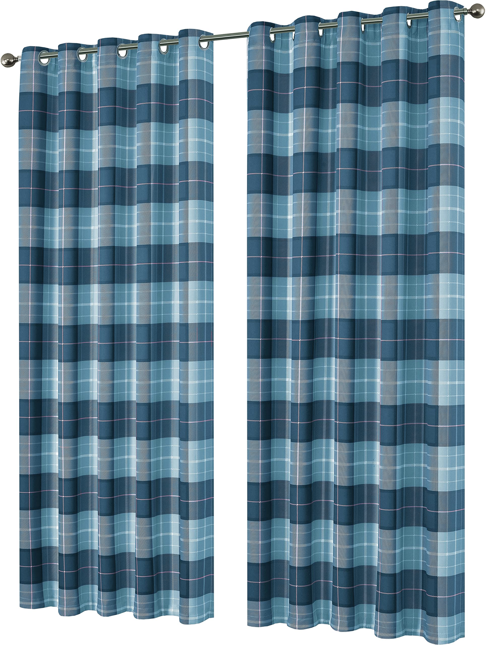 Olivia Rocco Printed Blackout Eyelet Curtains Black Out Thermal Insulated Ring Top Curtain Room Darkening Pair Window Treatment For Living And Bedroom, Check Teal - Navy 45 x 72