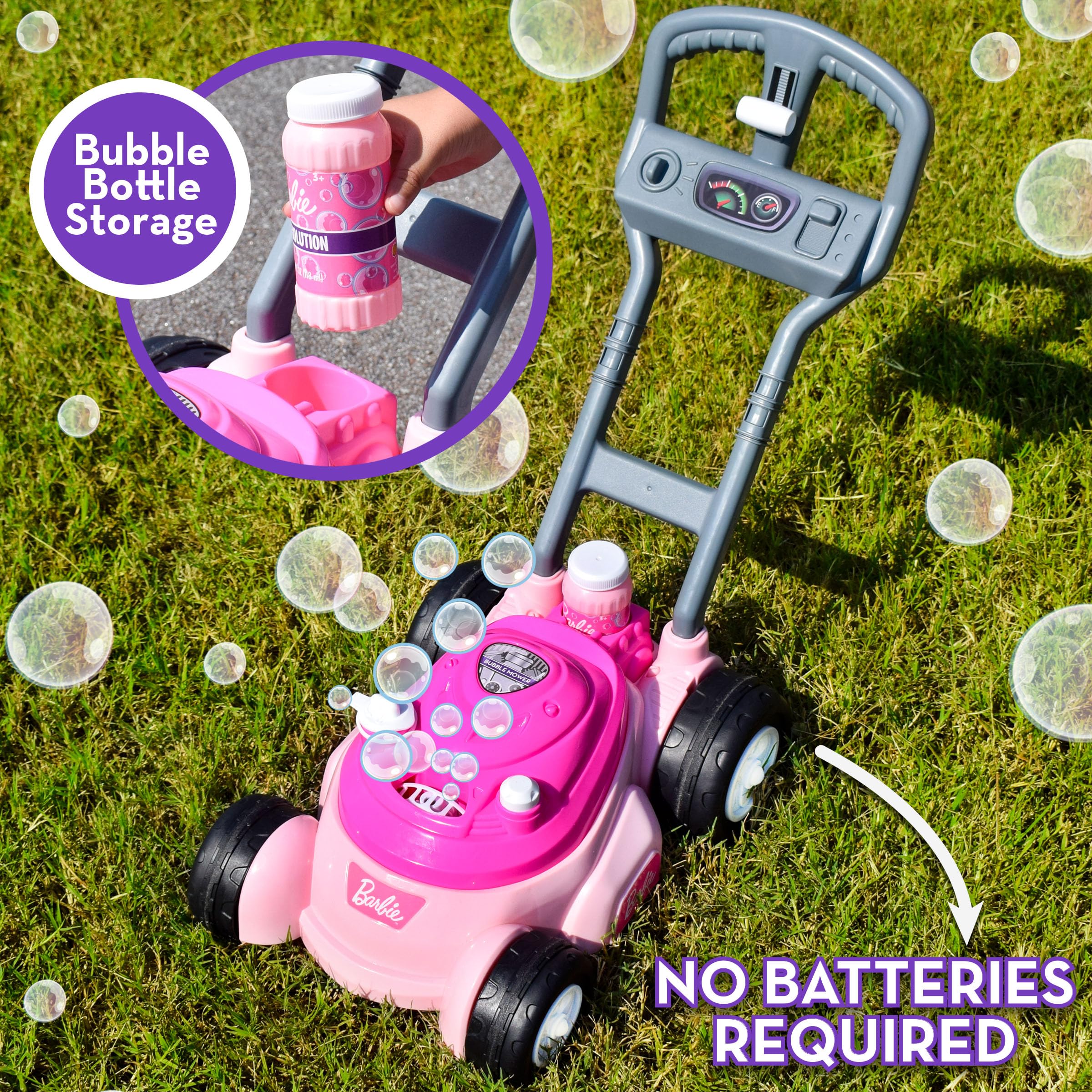 Barbie Bubble Lawn Mower for Toddlers, Bubble Blowing Machines, Indoor and Outdoor Gardening Toy, Birthday, Party Favor for Preschool Girls, No Batteries Required, Includes Bubble Solution, 2+