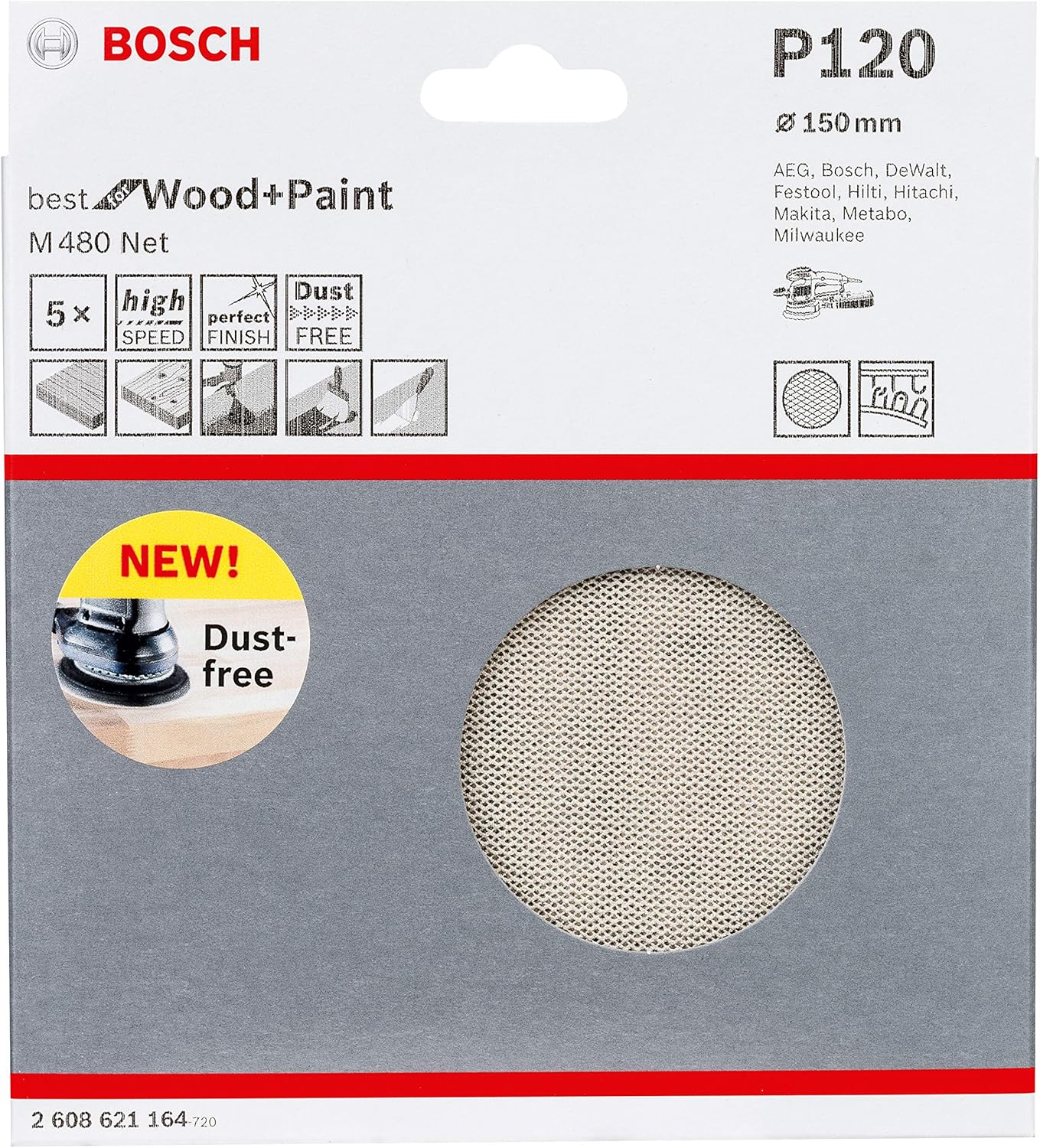 Bosch Professional Set of 5 Sanding Sheets M480 Best for Wood and Paint (Wood and Paint, diameter 150 mm, grit P120