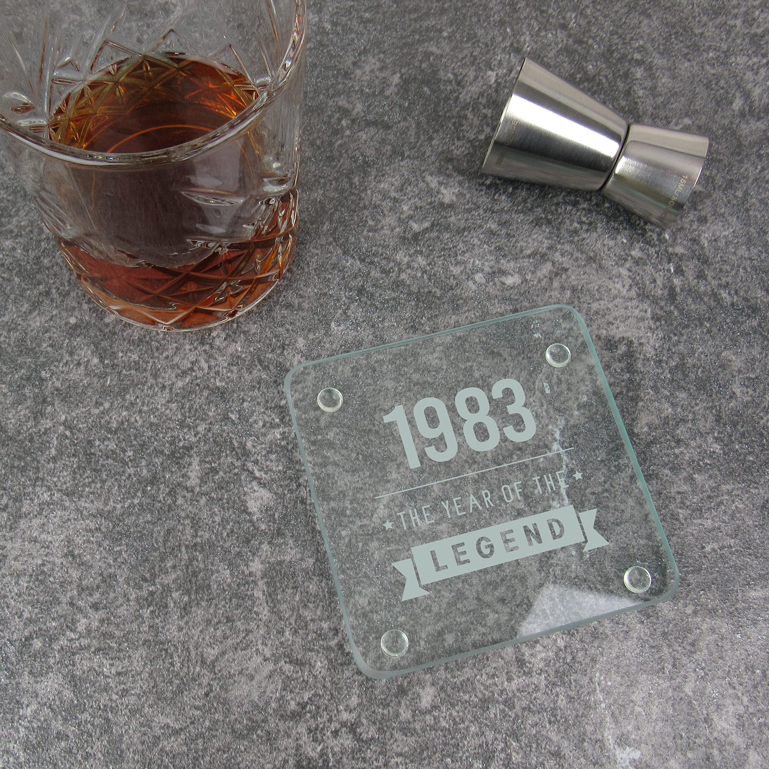 eBuyGB Engraved Square Glass Coaster -1983 Year of The Legend Design - 40th Birthday Gifts for Him, Men - Gift for Dad, Son, Brother, Uncle, Friend - Drinks Mat, Placemat