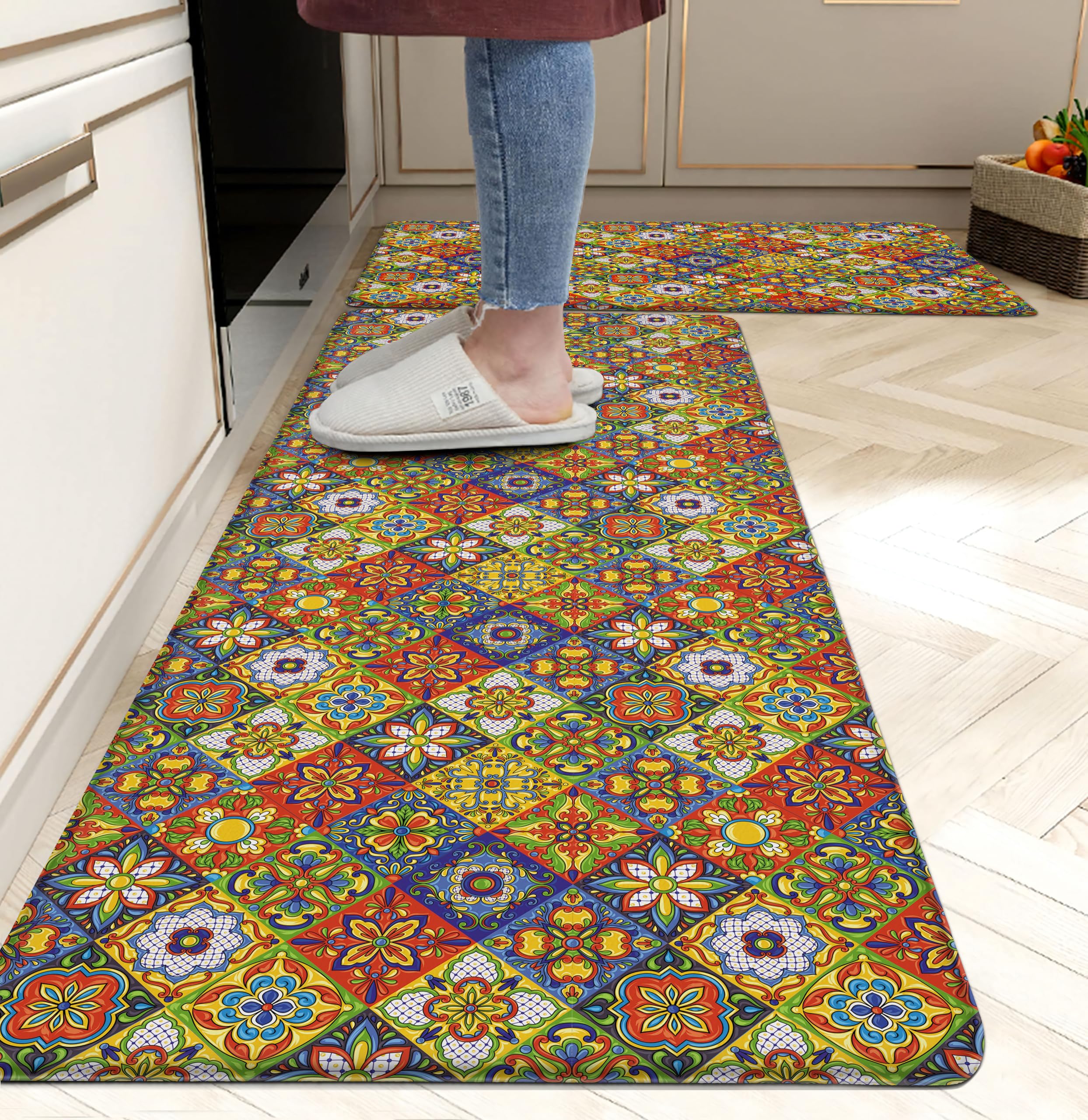 Photo 1 of Boho Kitchen Rugs Set 2 Memory Foam Colorful Ceramic Comfort Tile Floor Mat Anti Fatigue Non-Skid PVC Runner Rug Water & Oil Proof Carpet for Kitchen Laundry Sink,17.3x28+17.3x47 Inch, C4