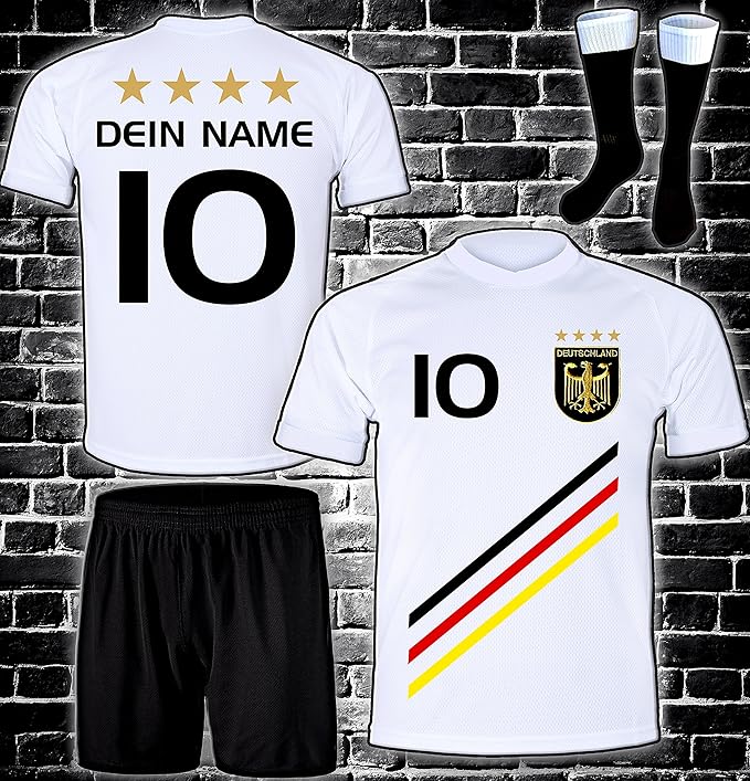 ElevenSports Deutschland Trikot + Hose + Stutzen mit GRATIS Wunschname + Nummer + Wappen Typ #D 2018 im EM/WM Weiss - Geschen
