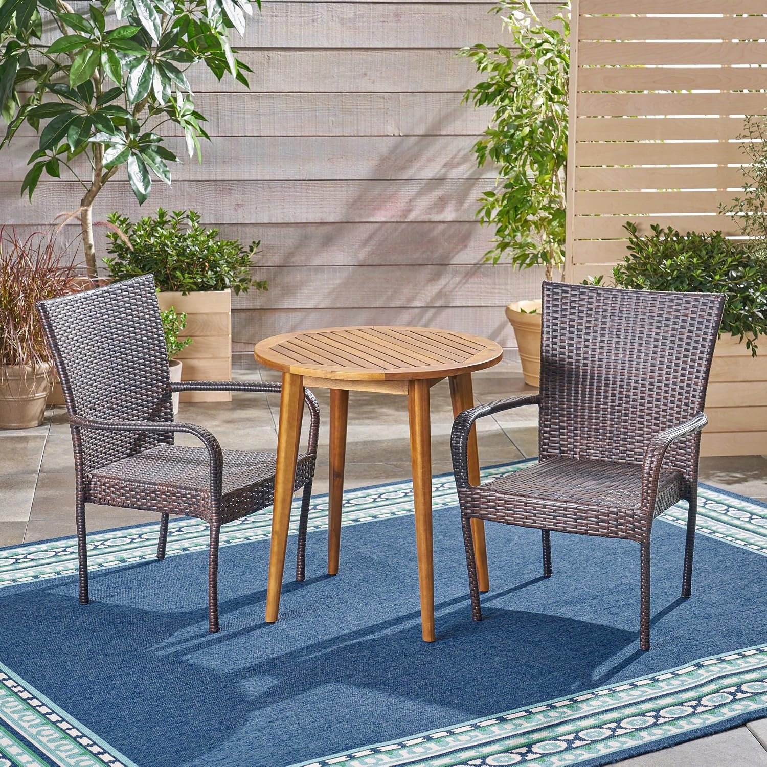 Amazon Com Christopher Knight Home Mayes Outdoor 3 Piece Wood And Wicker Bistro Set Teak Finish And Multi Brown Garden Outdoor