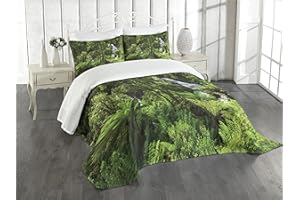 Ambesonne Rainforest Bedspread, Rainforest with Waterfall River Tourist Attraction Tropical Lands Green Theme, Decorative Quilted 3 Piece Coverlet Set with 2 Pillow Shams, King Size, Green