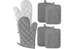 GROBRO7 6Pcs Cotton Oven Mitts and Pot Holders Set Durable Hot Pads Machine Washable BBQ Gloves Heat Resistant Pocket Pot Holder with Hanging Loop for Safe Kitchen Baking Cooking Grilling Grey