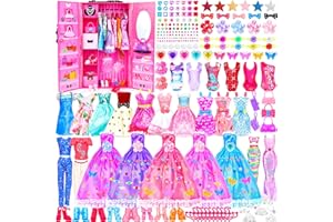 PURPERCAT Doll Clothes DIY Set, Include Princess Dresses, Fashion Dresses, Evening Dresses, Mermaid Dresses, Tops and Pants, Swimming Suits, Shoes, Hangers, Jewelry and 150 Pcs DIY Accessories.