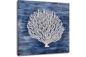 Yihui Arts Navy Blue Canvas Wall Art Hand Painted White Coral Painting Modern Abstract Tree Pictures Coastal Artwork for Bedroom Living Room Bathroom Decor
