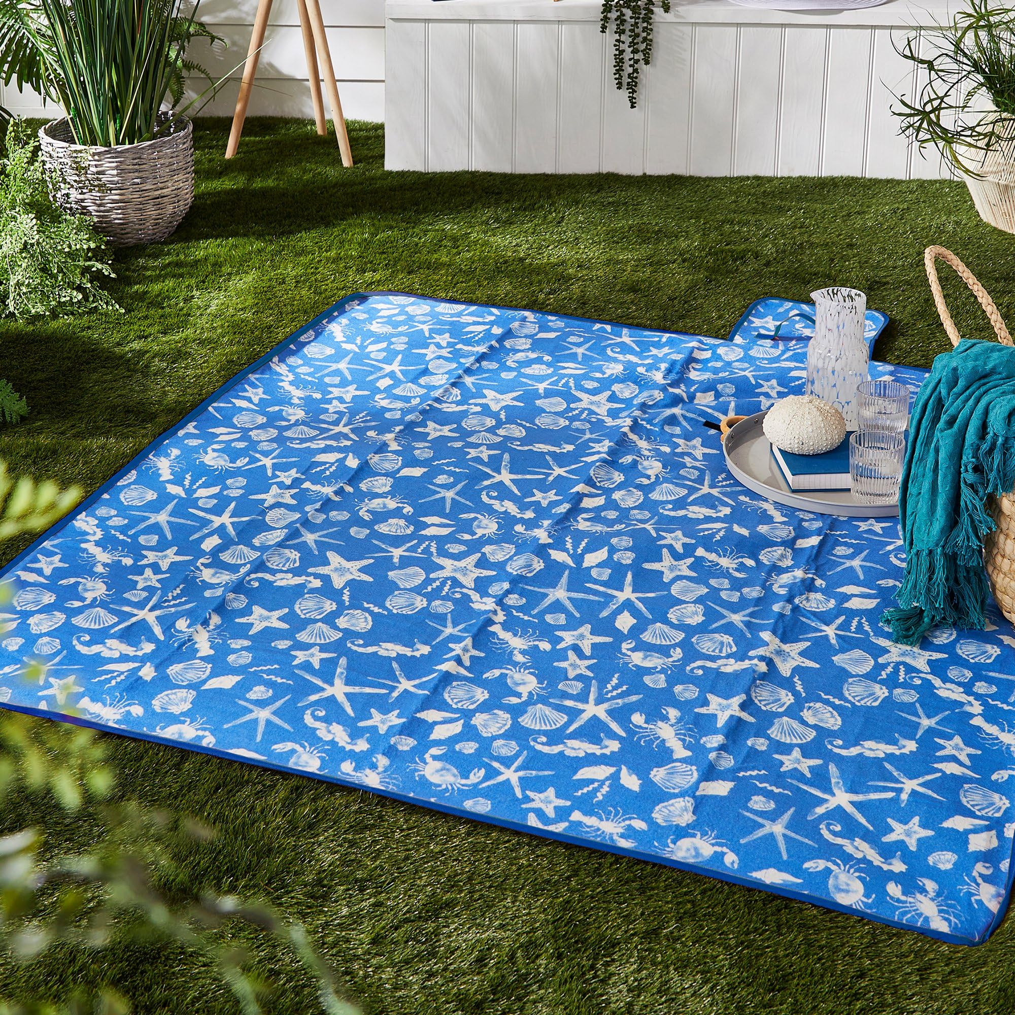 Fusion - Coastal Bay - Waterproof Backed Picnic Blanket - 135 x 150cm in Blue