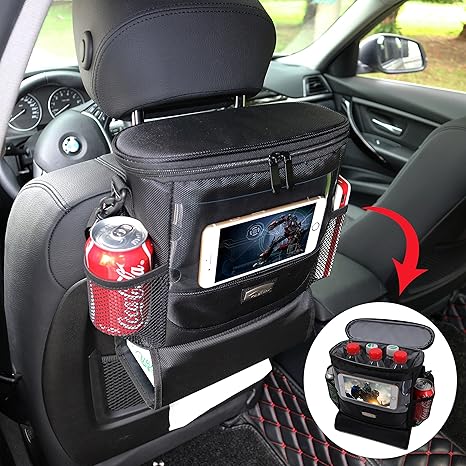Ameiq Seat Back Organizer For Car Cooler With Cell Phone Mini Ipad And Tissue Holder Backseat Watertight Insulated Lunch Bag Travel Picnic Storage
