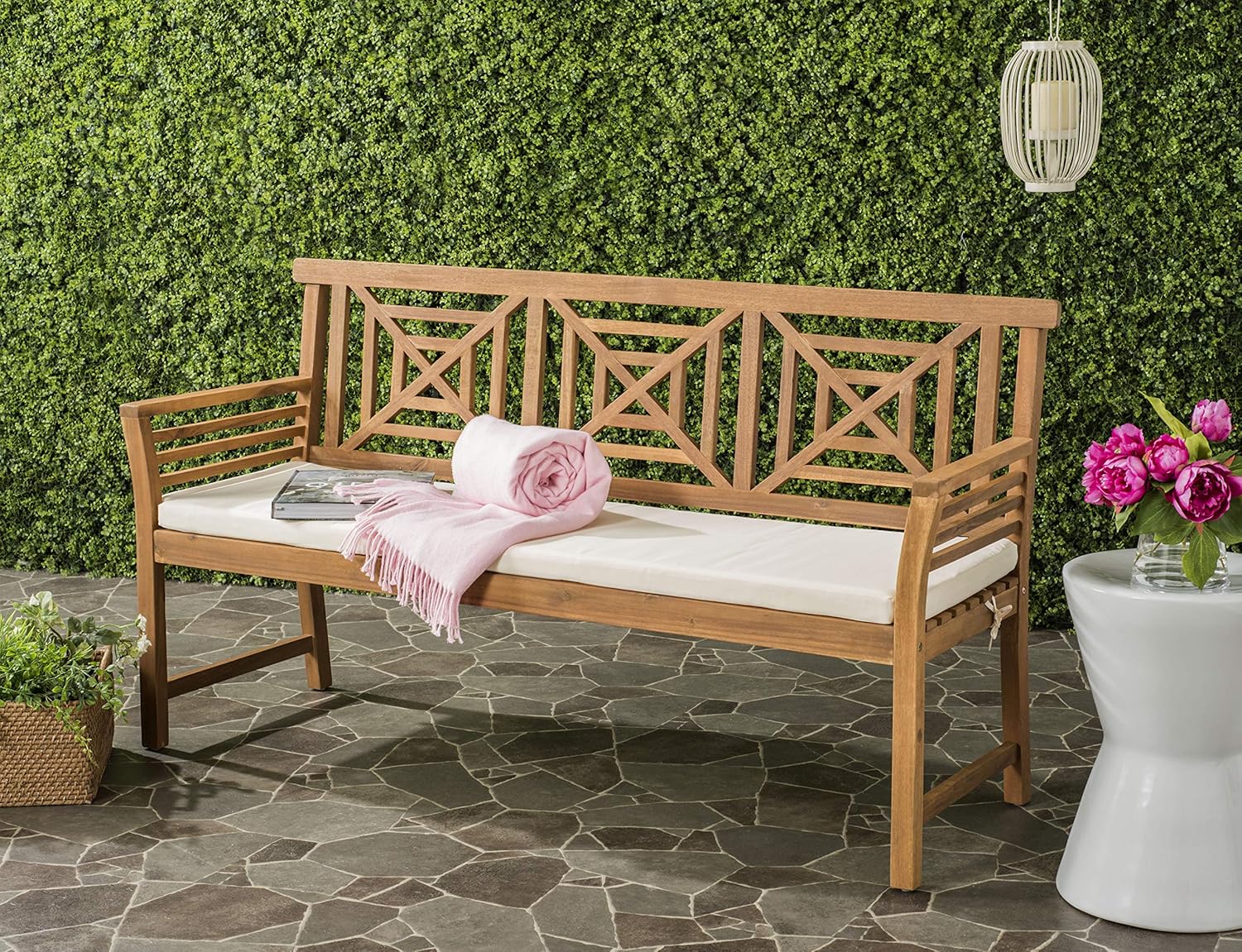 Safavieh PAT6737A Outdoor Collection Del Mar 3 Seat Bench, Natural/Beige : Garden & Outdoor