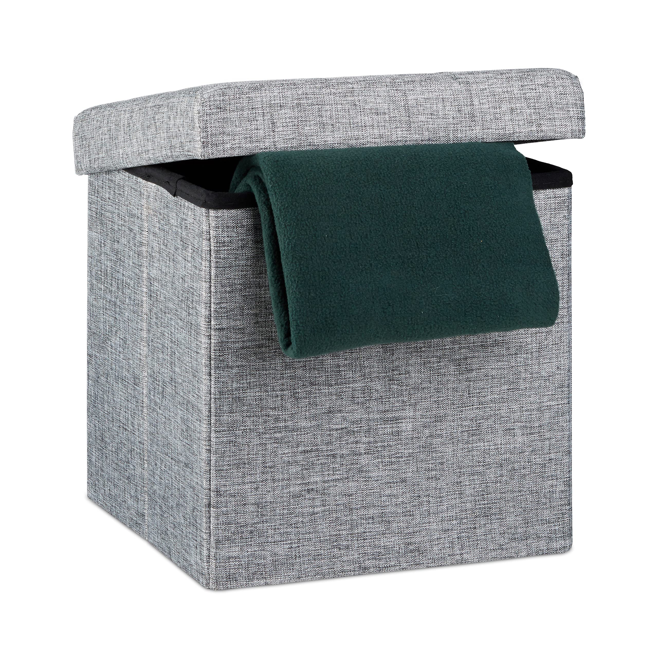 Relaxdays Folding Ottoman 38 x 38 x 38 cm Storage Chair, Footstool Pouf Box Cube, Removable Lid, Grey