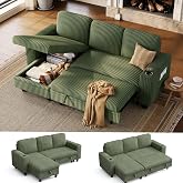 LINSY HOME Sectional Sleeper Sofa Couch with Storage Chaise &amp; USB Charging, Plush Corduroy Convertible Pullout Sofa Bed, Modular Sectional Couches for Living Room Bedroom (Green, 81'' L-Shaped Sofa)