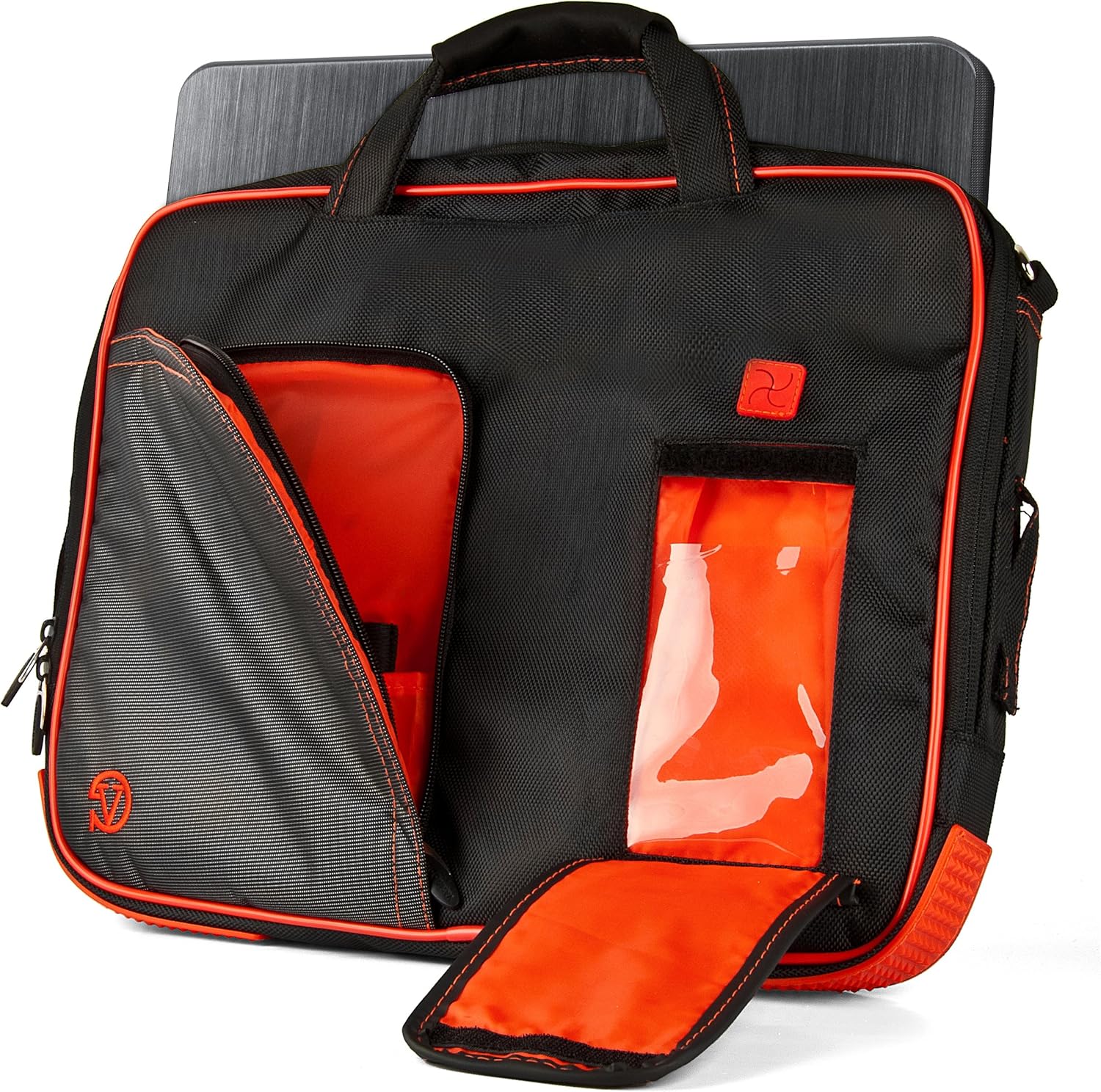 Pindar Briefcase + Messenger Bag for 15 to 17.3 inch Laptops and Tablets with Removable Shoulder Strap - Black/Bright Red
