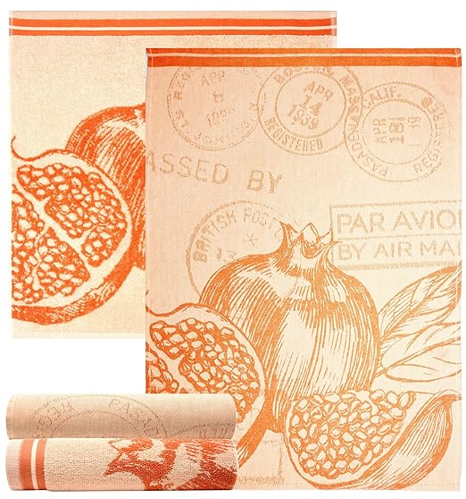 Lashuma 4er Küchenset Spültücher orange | Motive Granatapfel |2x Geschirrtücher 50 x 70 cm und 2x Frottee Handtücher 50 x 50c