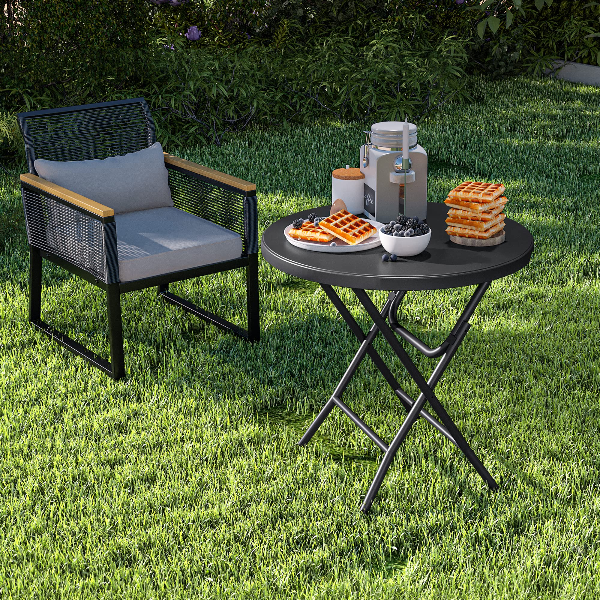 YITAHOME 80cm Gartentisch, Runder Klapptisch, Balkontisch Klappbar, Campingtisch Wetterfest für Outdoor Party Strand BBQ, mit Rostfreie Metallrahmen, 80 x 80 x 74cm, Schwarz 8