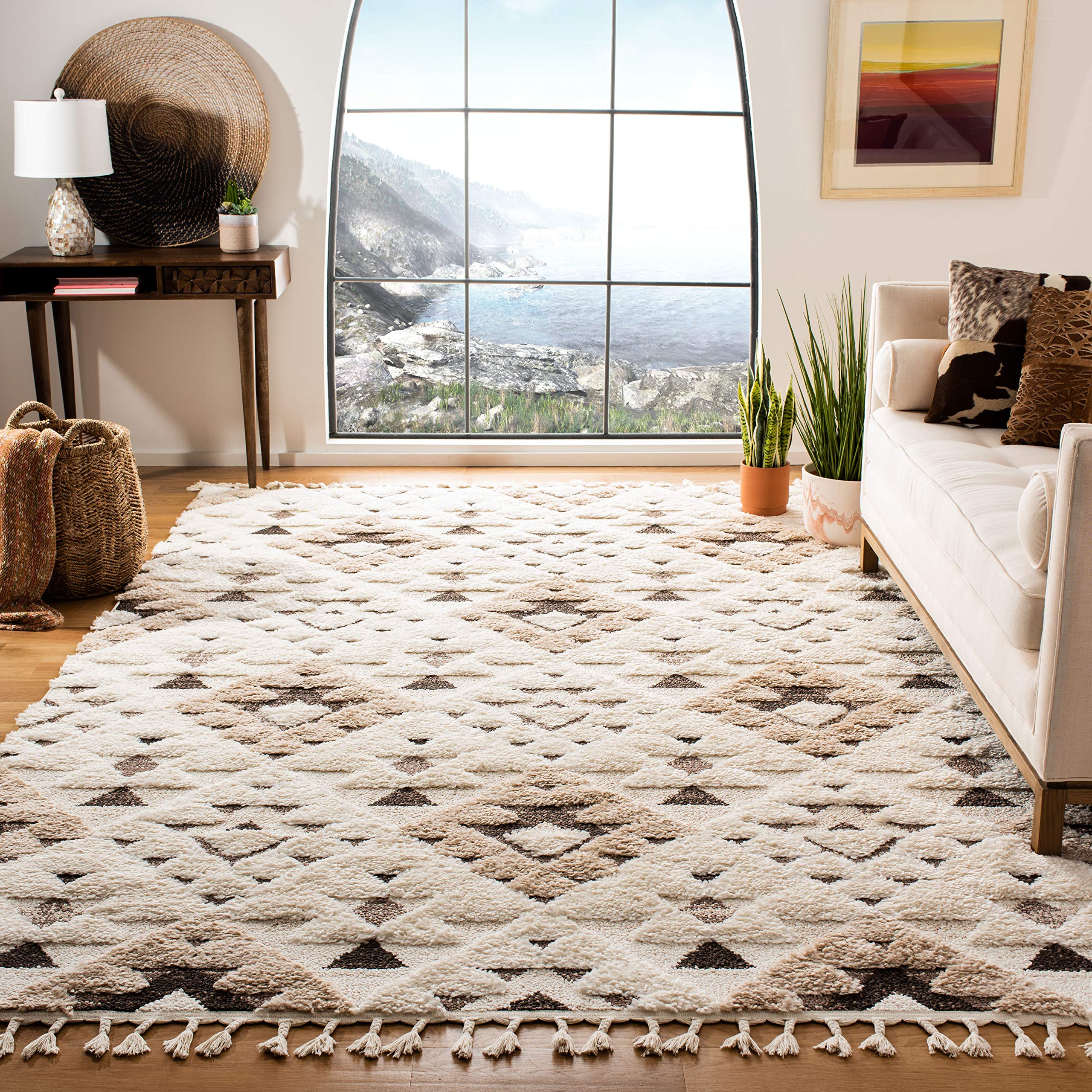 Safavieh Shaggy Indoor Woven Rectangle Area Rug, Moroccan Tassel Shag Collection, MTS688, in Ivory/Brown, 91 x 152 cm for Living Room, Bedroom or Any Indoor Space
