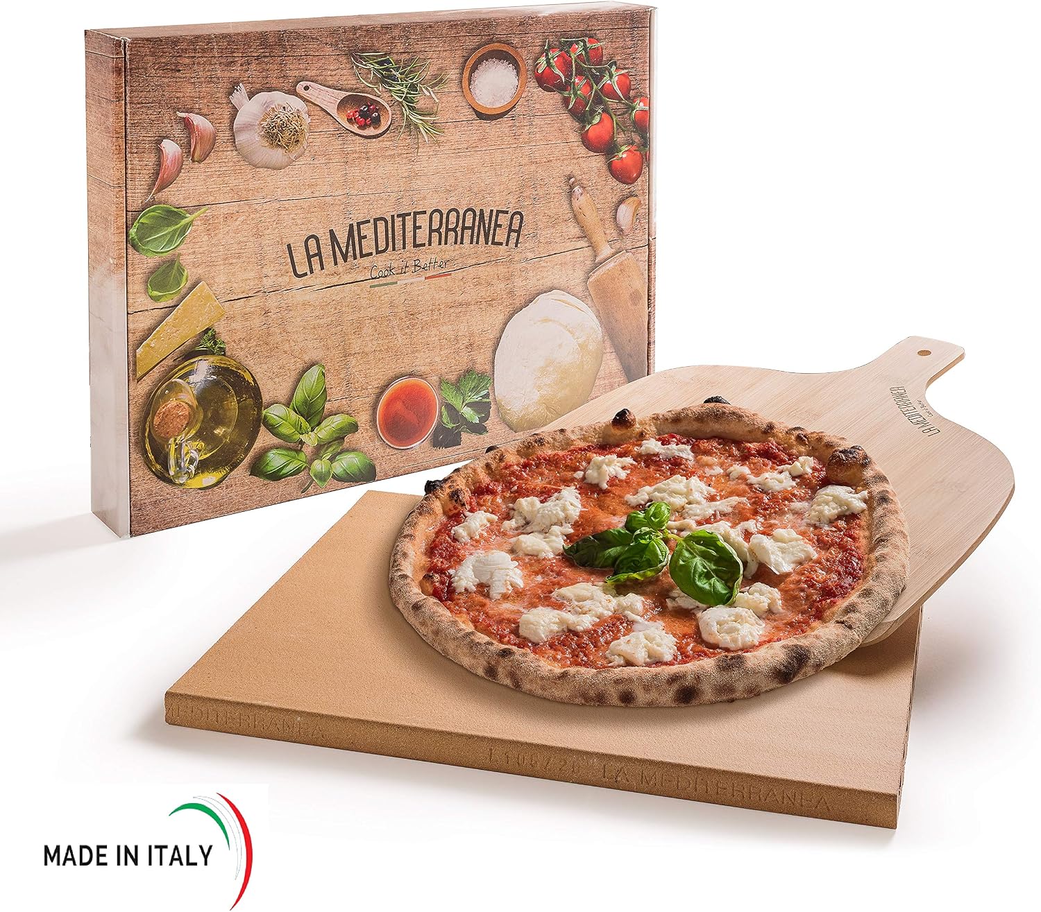 Mediterranea Pietra refrattaria per Pizza da Forno con Pala Pizza in Legno  Versione 2020 Adatta a Tutti i Tipi di forni,Include Un Grembiule da Cucina  Un ricettario e Una Spazzola pulitrice Placche