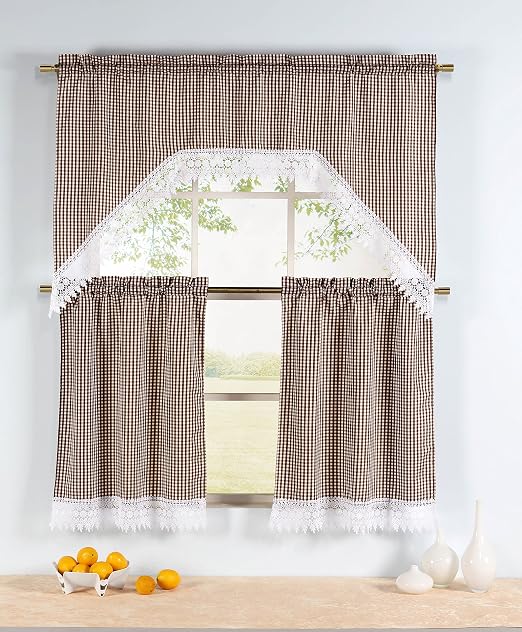 Amazon Com Window Elements Gingham 3 Piece Kitchen Tier And Valance 60 X 72 Set Chocolate Home Kitchen