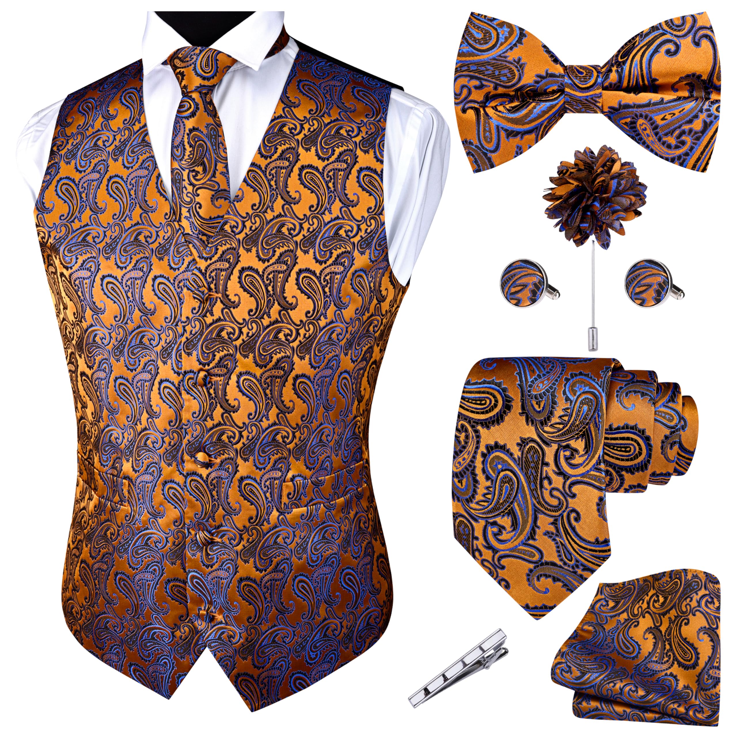 GUSLESON Mens Gold Royal Blue Paisley Suit Vest Tie