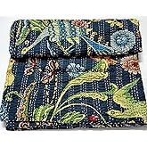 Sambhav Quilt Hub Handblock Animal Print Handmade Cotton Kantha Quilting Boho Bedding Throw Blanket Hippie Queen/King Size Bohemian Block Kantha Quilt
