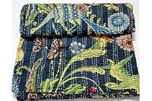 Sambhav Quilt Hub Handblock Animal Print Handmade Cotton Kantha Quilting Boho Bedding Throw Blanket Hippie Queen/King Size Bohemian Block Kantha Quilt