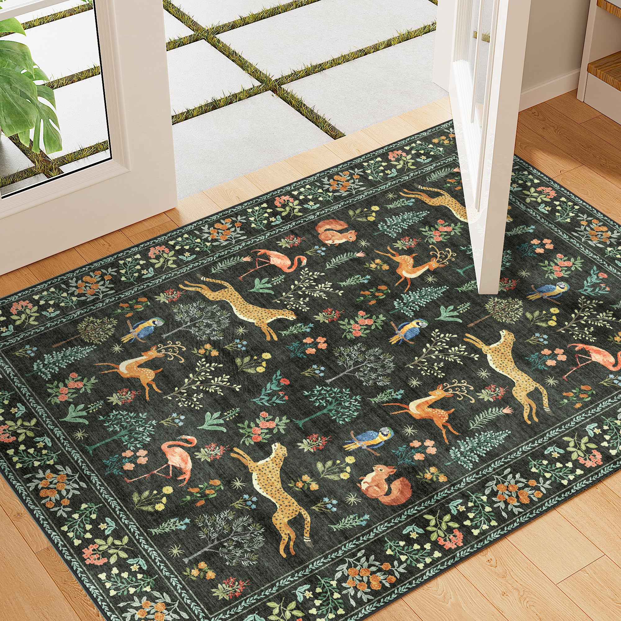 Photo 1 of DUKINO 2x3 Rug, Washable Animal Rugs for Entryway, Non Slip Indoor Door Mat, Soft Low Pile Small Area Carpet for Entrance, Bedroom, Kitchen, Laundry, Bathroom, Black