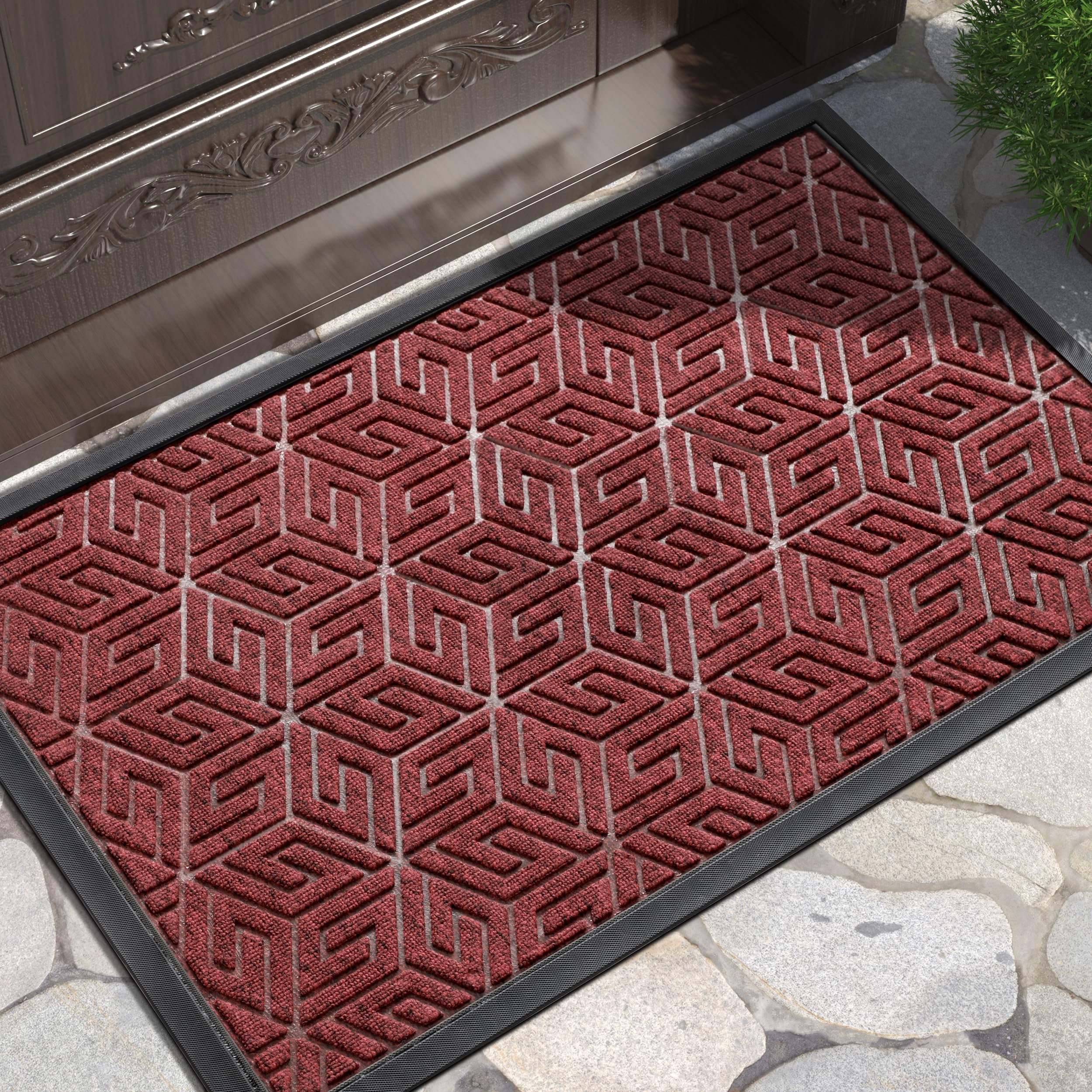 Yimobra Large Door Mat 36x24, All-Weather Waterproof Outdoor Mats for Front Door, Non Slip Rubber Doormat for Patio Proch Outside Entryway Indoor, Red Image