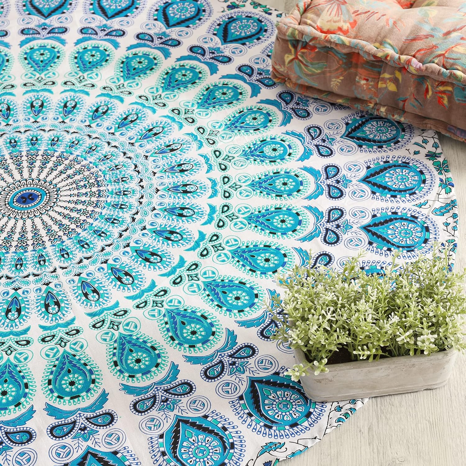 Tapestries - Popular Handicrafts Round Tapestry Wall Hanging Ombre Hippie Mandala Bohemian Hippy Intricate Indian Tapestries Tablecloth 50 Inches (127cm) Teal & Blue on White