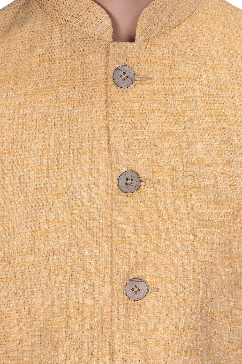 kisah men's woven cotton silk yellow nehru jacket