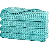 POLYTE Microfiber Lint Free Washcloth Face Towel, 13 x 13 in, 4 Pack (Aqua, Waffle Weave)