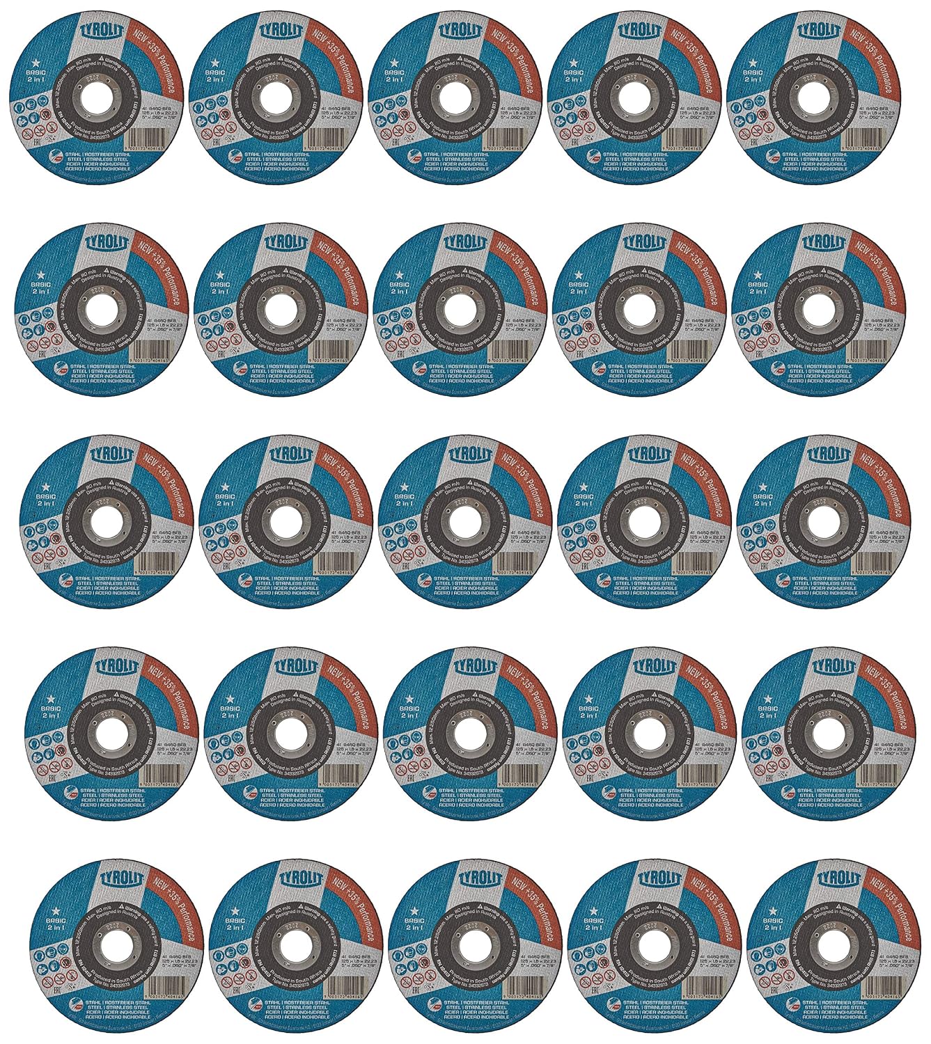 Tyrolit 34332873 Basic 2-in-1 Cutting Discs, 41, A46Q-BFB, New, 125 x 1.6 x 22.23 mm, Box of 25