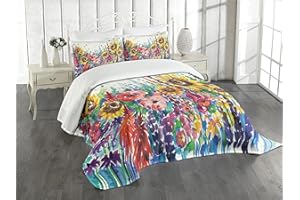 Lunarable Floral Bedspread, Floral Watercolor Style Wildflowers in Country Lansdcape Colorful Flowers Art Print, Decorative Quilted 3 Piece Coverlet Set with 2 Pillow Shams, Queen Size, Dark Indigo