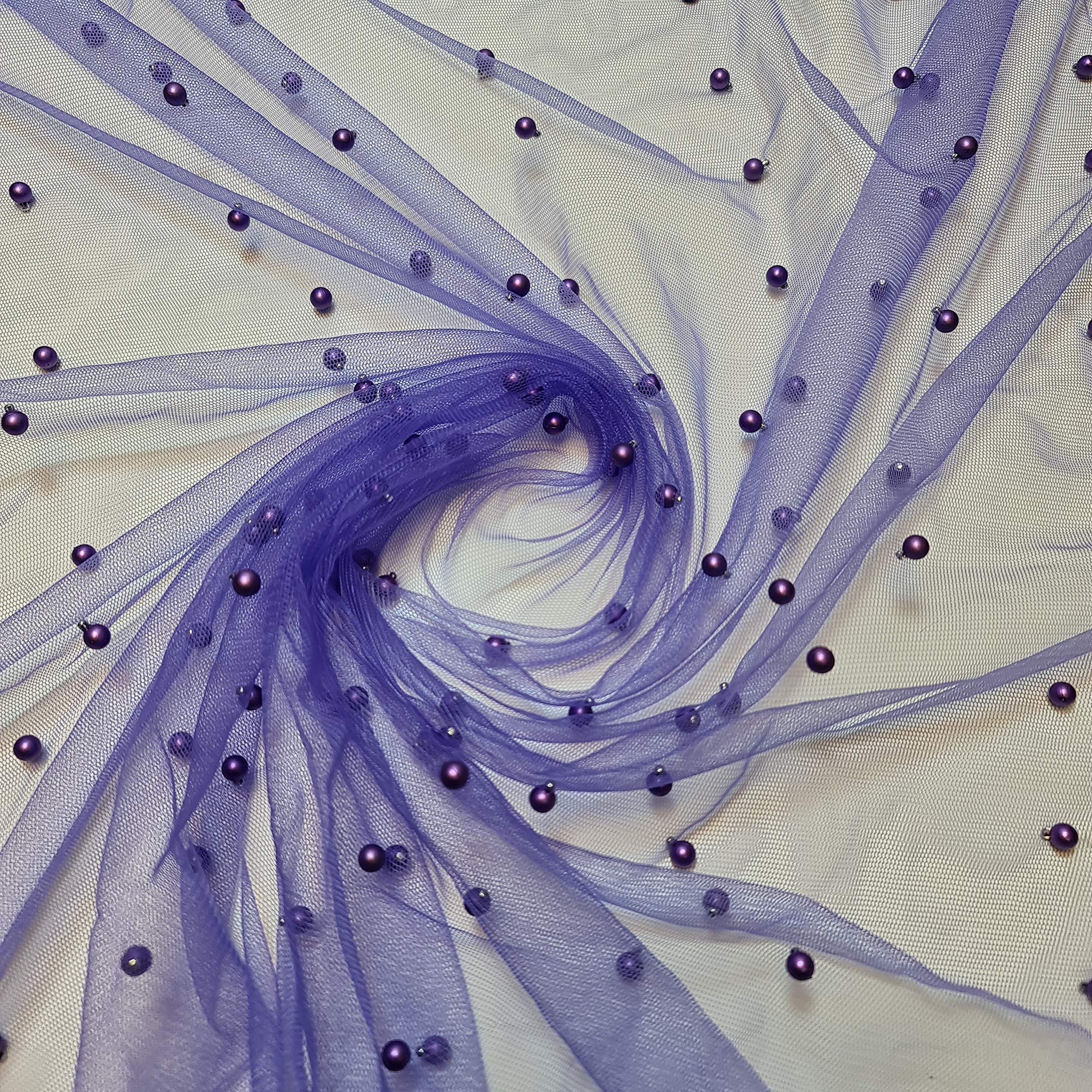 Textile Station 58" Wide Tulle Beaded Pearl Lace Net Fabric Bridal Veil Wedding Backdrop Décor Available in 25 Colours (PALE PURPLE/BLUE, 1 METER)