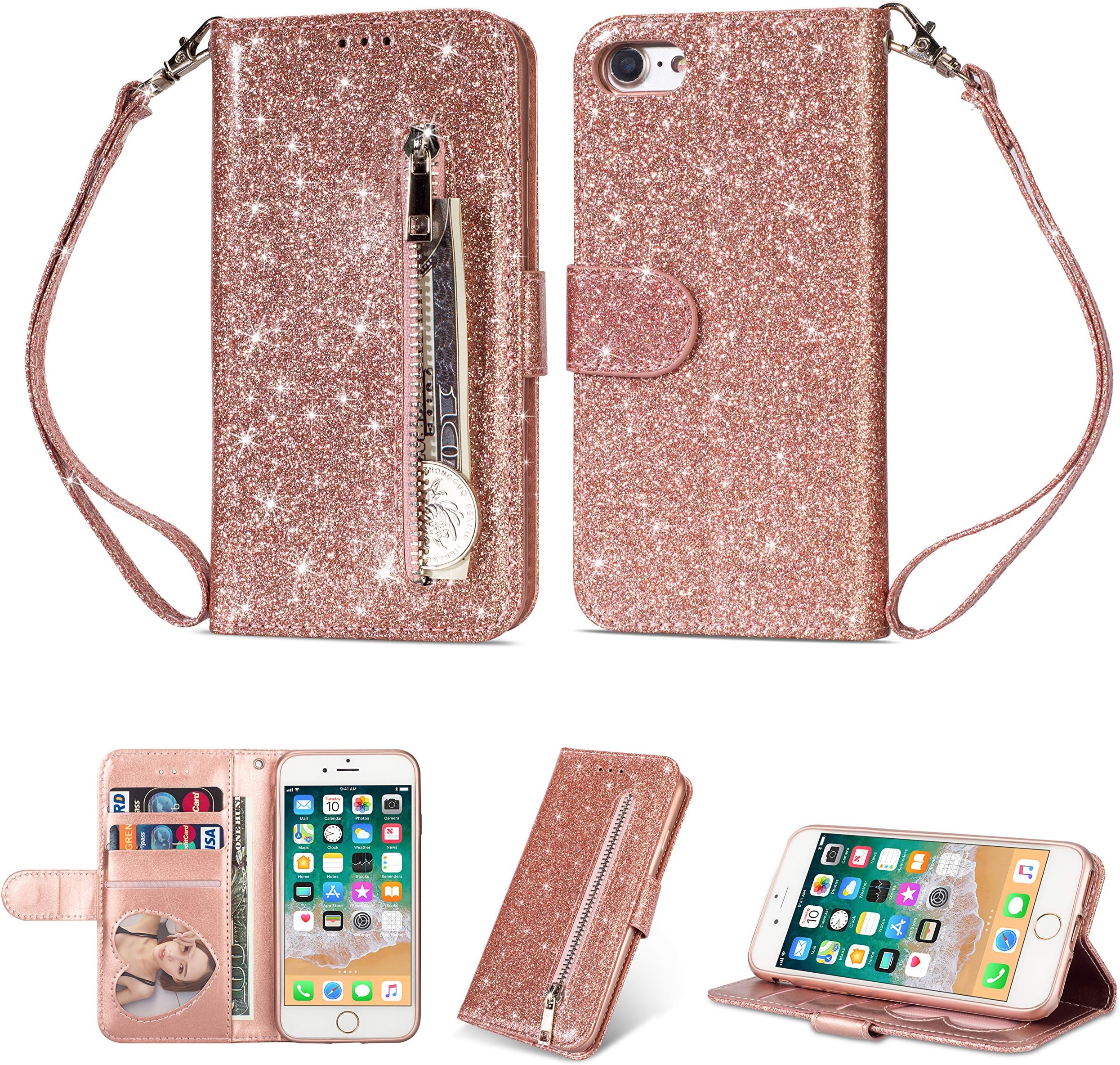 KANTAS iPhone 6S Plus/6 Plus Glitter Zipper Wallet Case, Bling Sparkle PU Leather Book Cover with Card Slots Kickstand Function Magnetic Closure Flip Case for iPhone 6S Plus/6 Plus (5.5"), Rose Gold