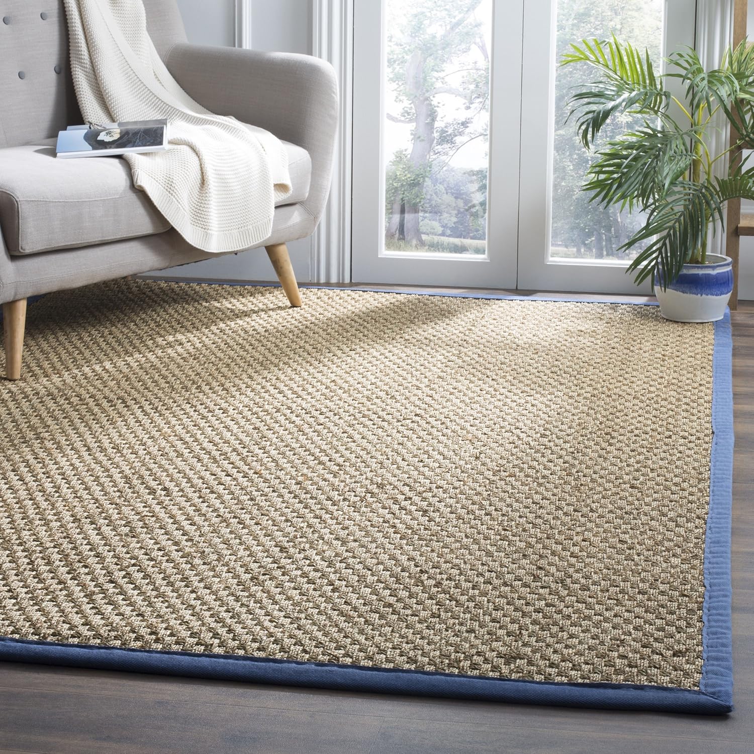 Safavieh Natural Fiber Collection NF114T Basketweave Natural and Navy Summer Seagrass Area Rug (5' x 8')