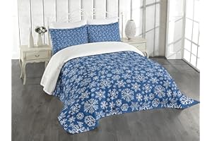 Lunarable New Blue Bedspread, Winter Season Beauty Conceptual Pattern with Repeating Snowflakes Image, Decorative Quilted 3 Piece Coverlet Set with 2 Pillow Shams, King Size, Cobalt Blue