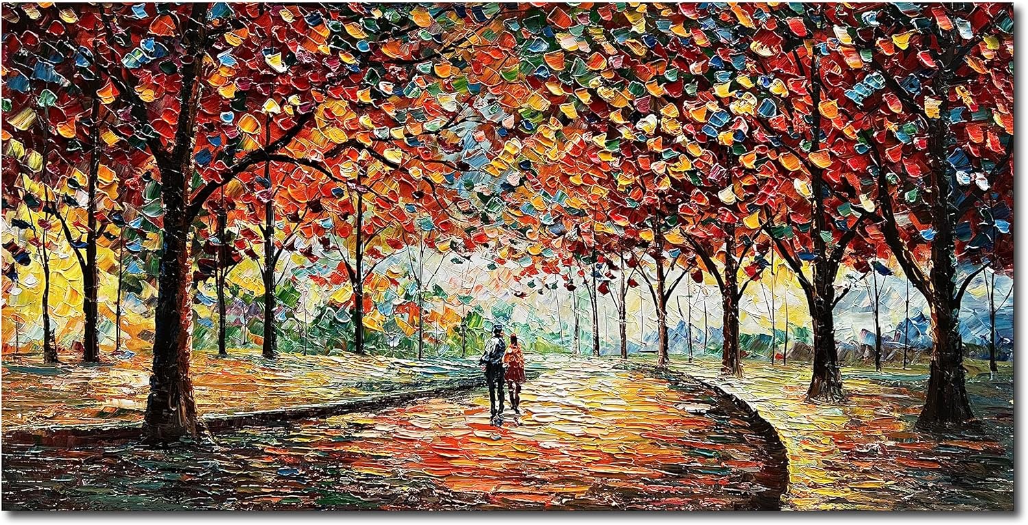 Paintings - Diathou Art 24x48 Inch Hand-Painted Landscape Oil Painting Wall Art Lovers Stroll along The Park Path Oil Painting Living Room Bedroom Wall Decoration