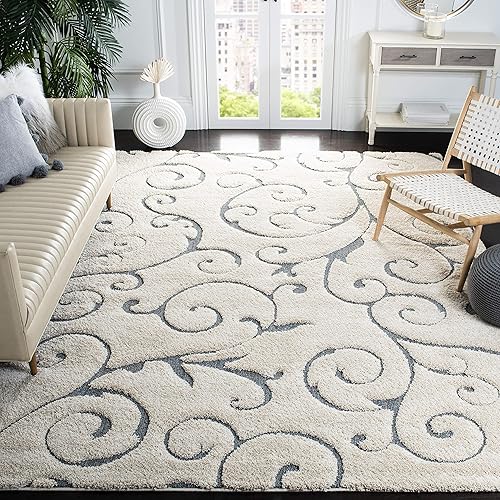 SAFAVIEH Florida Shag Collection SG455 Scrolling Vine Graceful Swirl Textured Non-Shedding Living Room Bedroom Dining Room Entryway Plush 1.2-inch Thick Area Rug, 9'6" x 13', Cream / Dark Blue