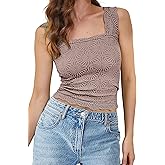 MISSACTIVER Women Square Neck Wide Straps Crop Tank Tops Casual Floral Sleeveless Lettuce Trim Slim Fit Crop Cami Vest Tops