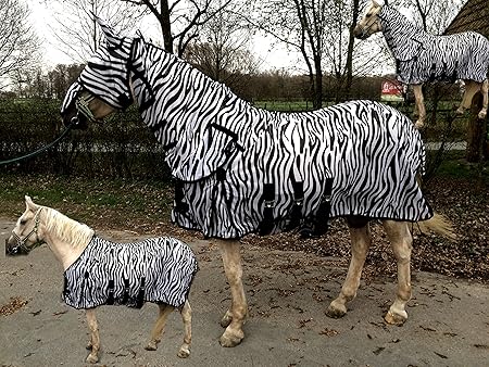Hafer24 Ekzemerdecke Madrid Zebra Fliegendecke mit langem Halsteil und Gesichtsmaske Gr.95-175