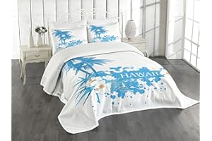 Ambesonne Hawaiian Bedspread, Palm Trees Tropical Plants Flowers and Butterflies Silhouette Monochrome Artwork, Decorative Quilted 3 Piece Coverlet Set with 2 Pillow Shams, King Size, Aqua White