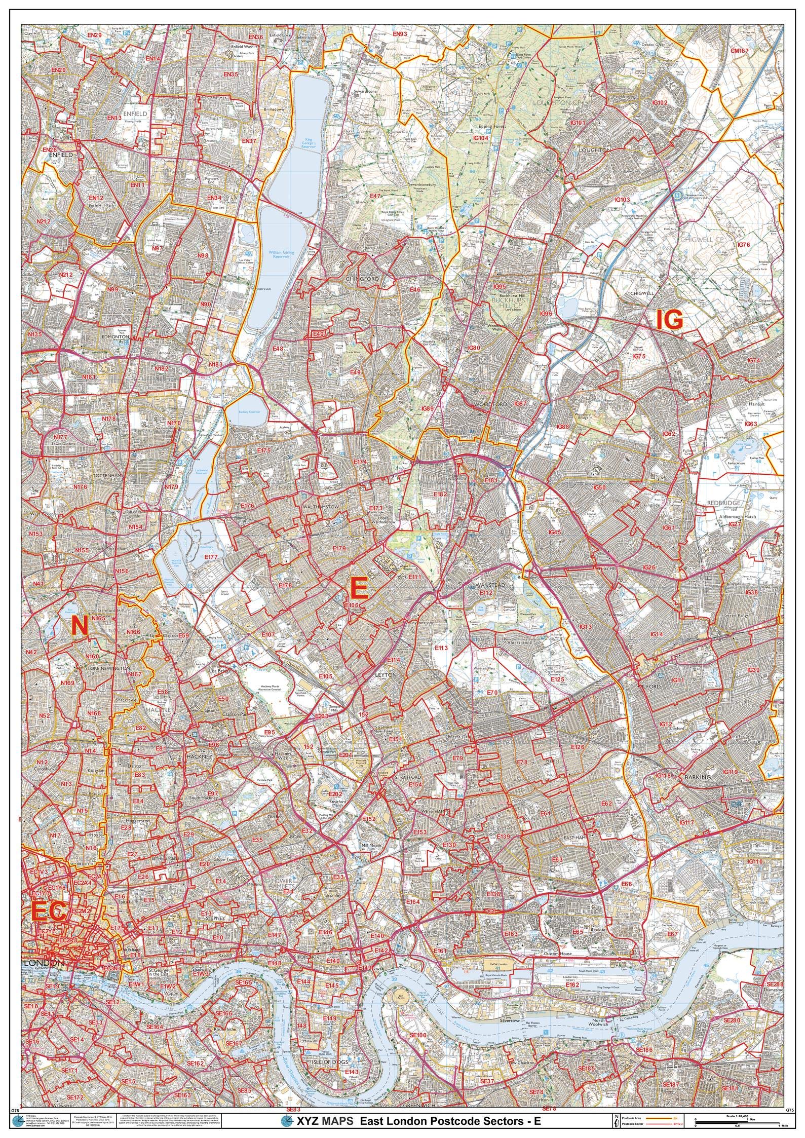 East London - E - Postcode Wall Map - 33.25" x 47" Laminated