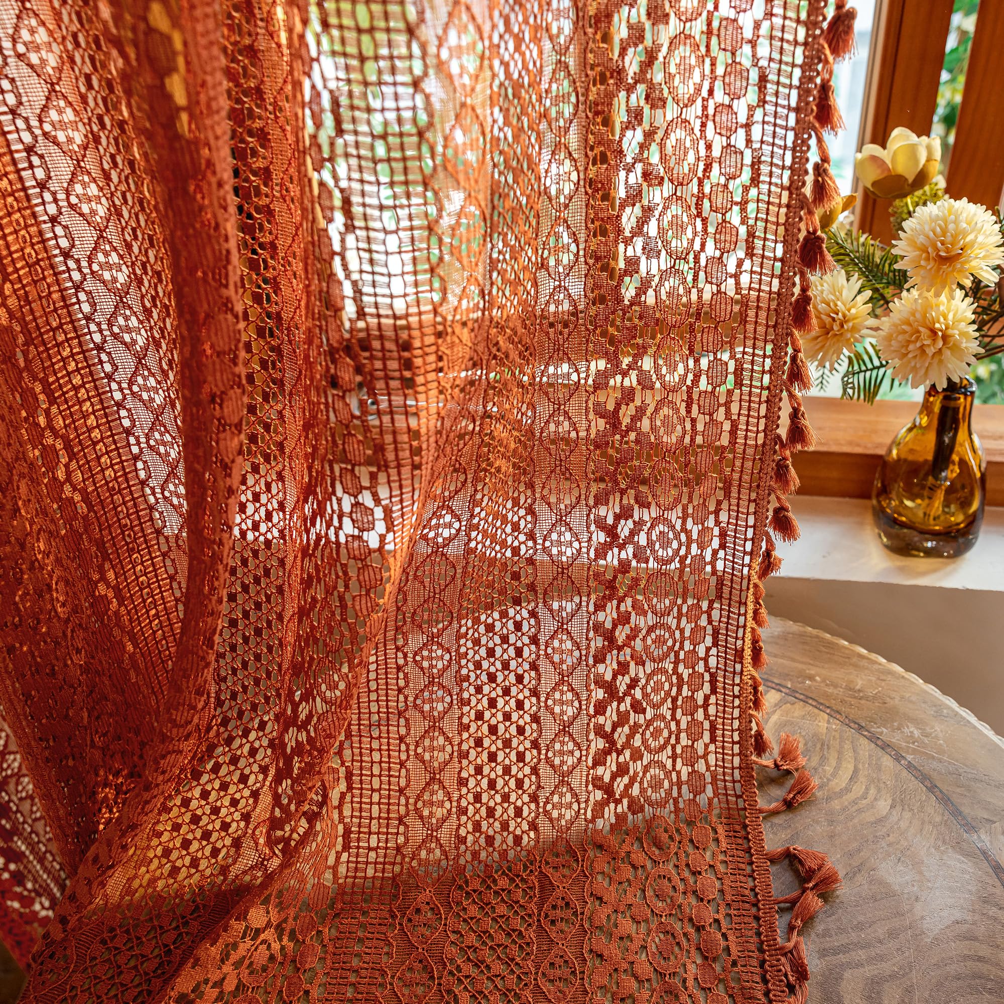 Photo 1 of WAZZIO Terracotta Curtains,Over Sink Cotton Blend Crochet Sheer Kitchen Curtain 36 Inches Rod Pocket Farmhouse Vintage Lace Cafe Drapes Valance for Small Window,2 Panels
