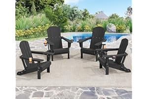 SERWALL HDPE Folding Adirondack Chair with Dual Cup Holder - Composite Adirondack Chair Set of 4- Black